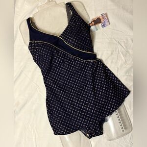 Classic Navy Polka One-Piece Swimsuit with Gold Trim